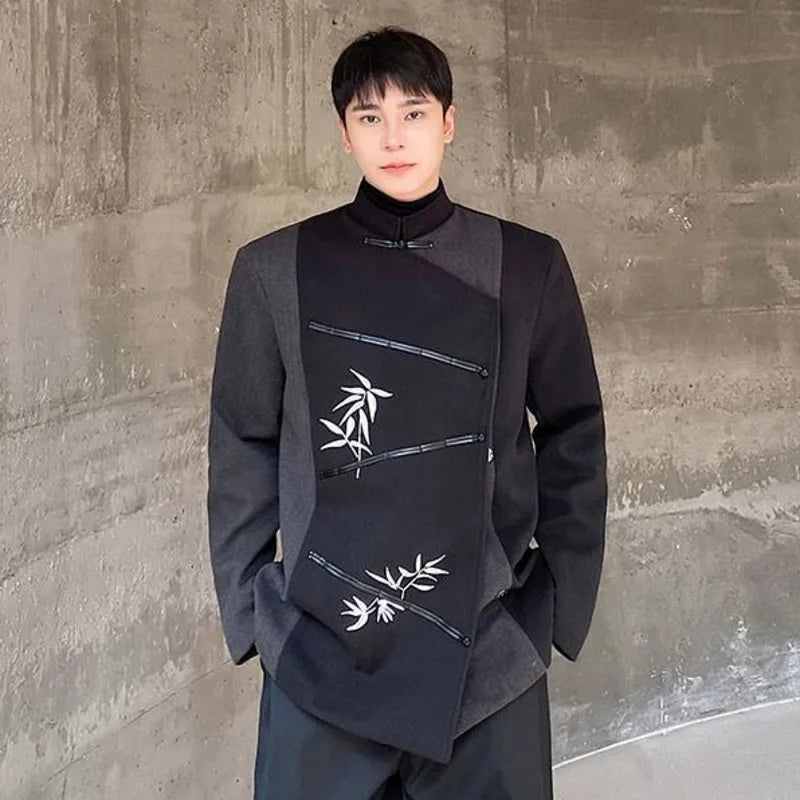 Retro Style Suit Jacket Embroidery Color Blocking Loose Blazers Men's Chinese Stand Collar Thickening 2024 Winter 9C8720