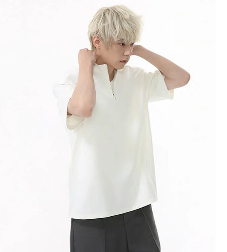 Men's T-shirts Korean Simple Stand Collar Design Solid Color Half Zipper Stylish Male Clothing Short Sleeve Top 9W1602