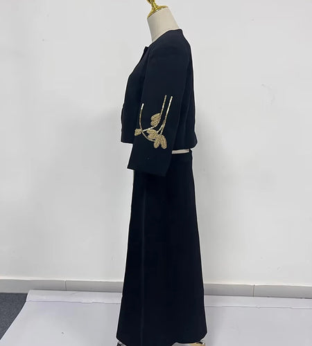 Solid Embroidery Two Piece Set For Women O Neck Long Sleeve Spliced Button Top High Waist Skirt Sets Female Fashion