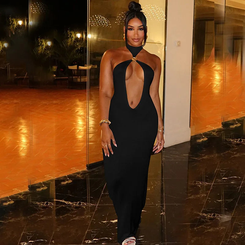 Halter Hollow Out Sexy Maxi Dress For Women Gown Fashion Off-shoulder Sleeveless Backless Bodycon Beach Club Dress