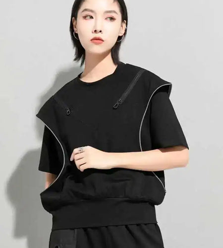 Women Black Zipper Off Shoulder Big Size T-shirt New Round Neck Half Sleeve Fashion Tide Spring Summer 2025 1DD57710