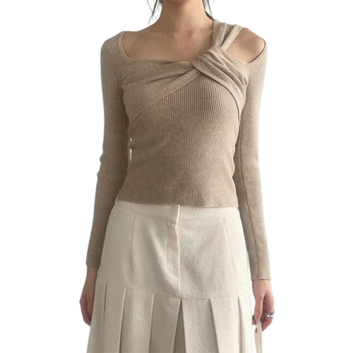 Load image into Gallery viewer, y2k Crop Tops Women Sexy Clothes Hollow Out Asymmetric Twist Front Square Neck Long Sleeve Knitted T Shirts Streetwear
