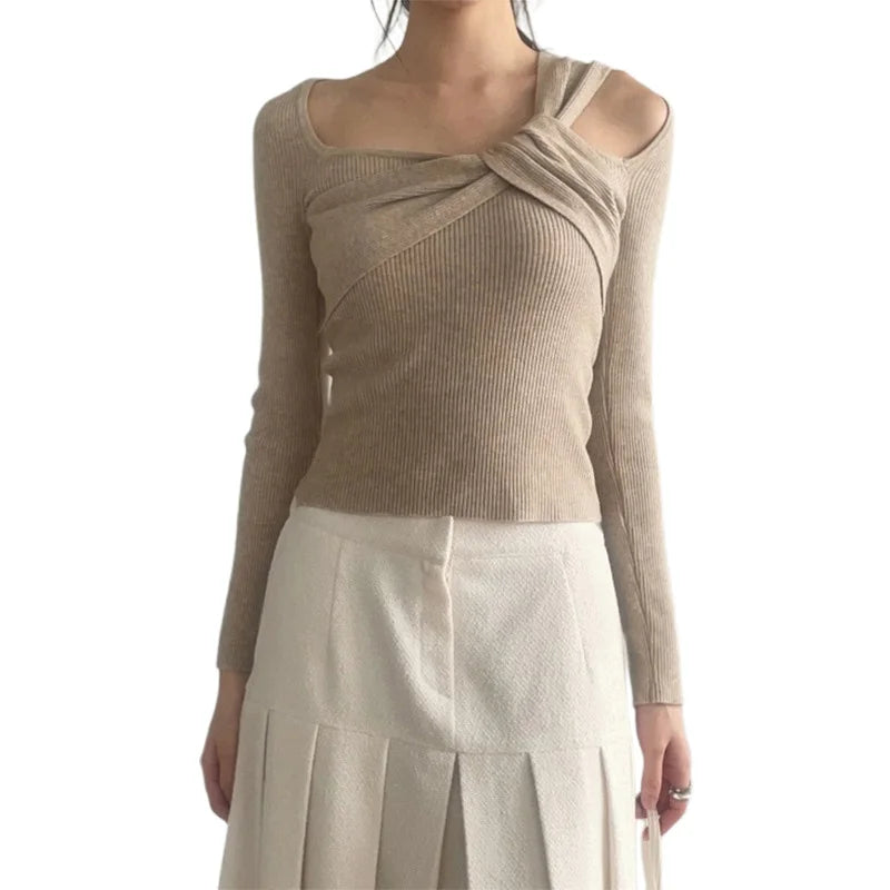 y2k Crop Tops Women Sexy Clothes Hollow Out Asymmetric Twist Front Square Neck Long Sleeve Knitted T Shirts Streetwear