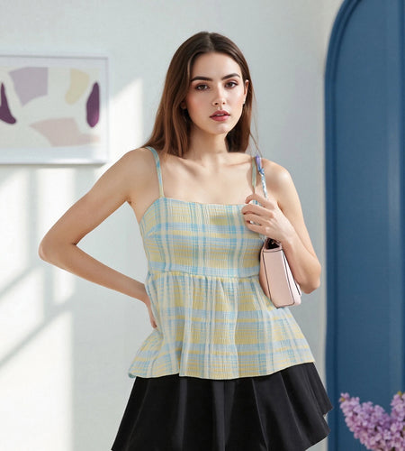 Plaid Camisole Summer Women Clothing Print Low Cut Square Neck Spaghetti Strap A-line Tank Tops y2k Clothes Streetwear