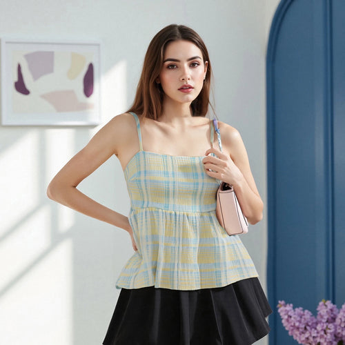 Plaid Camisole Summer Women Clothing Print Low Cut Square Neck Spaghetti Strap A-line Tank Tops y2k Clothes Streetwear