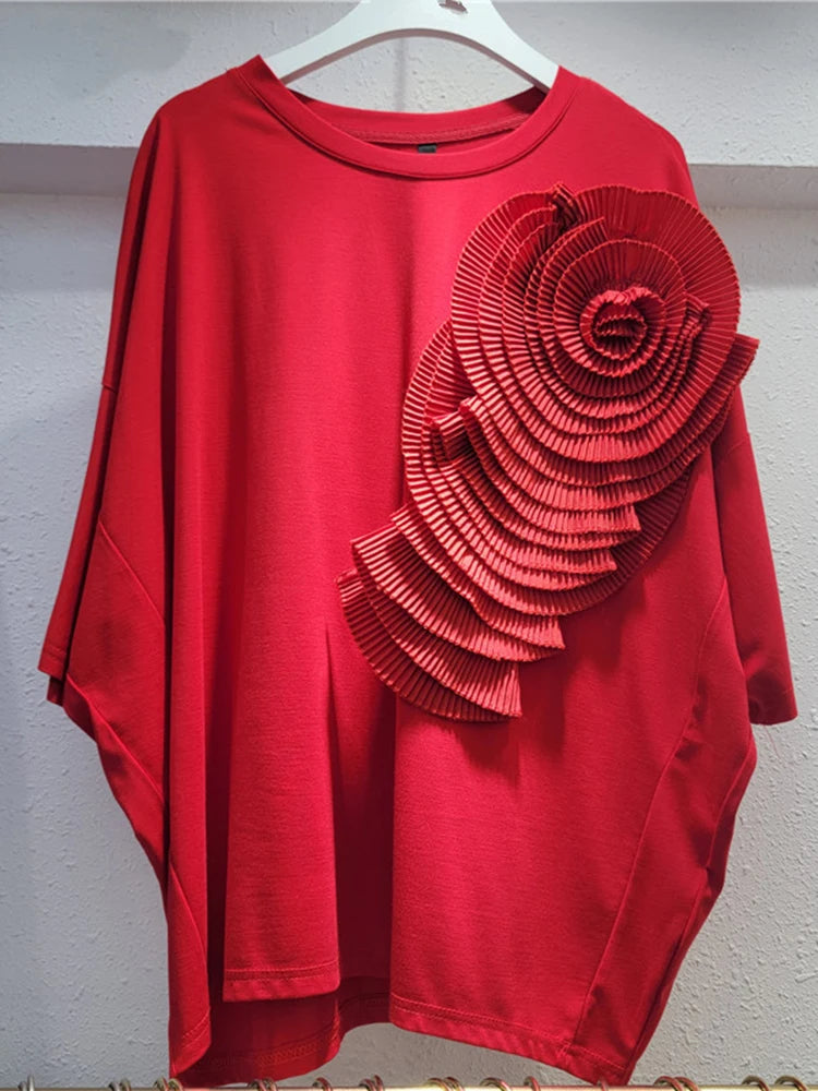 Women Rose Red Three-dimensional Flower Big Size T-shirt New Round Neck Short Sleeve Fashion Spring Summer 2025 1DH9985