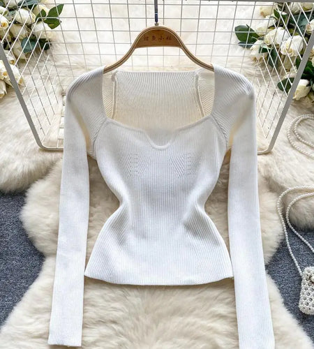 Fashion Solid Knitted Square Collar Long Sleeves Slim Fit Tops Women France Autumn Office Lady Elegant Pullover Sweater Popular