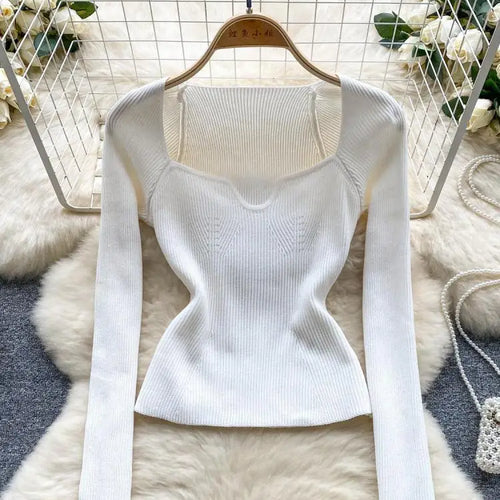 Load image into Gallery viewer, Fashion Solid Knitted Square Collar Long Sleeves Slim Fit Tops Women France Autumn Office Lady Elegant Pullover Sweater Popular
