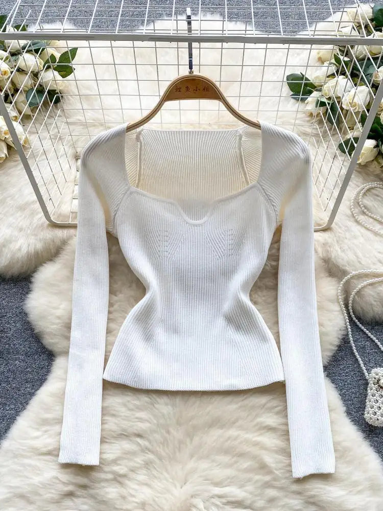 Fashion Solid Knitted Square Collar Long Sleeves Slim Fit Tops Women France Autumn Office Lady Elegant Pullover Sweater Popular