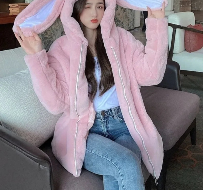 Autumn Winter Clothing Furry Jackets for Women Rabbit Ears Hooded Zipper Outwear Thicked Soft Warm Coats Korean Y2k Tops
