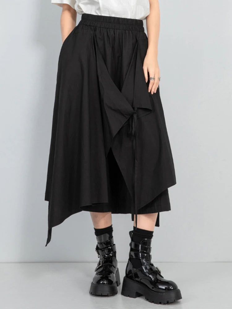 High Elastic Waist Black Irregular Bandage Wide Leg Pants New Trousers Women Fashion Tide Spring Autumn 2025 1DJ1029