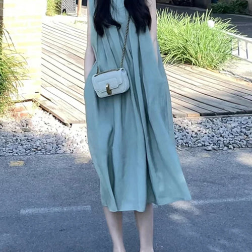 Load image into Gallery viewer, French Style Mint Green Elegant Women Dresses Summer Sleeveless Solid Color O-neck Loose Fashion Streetwear Female Dress
