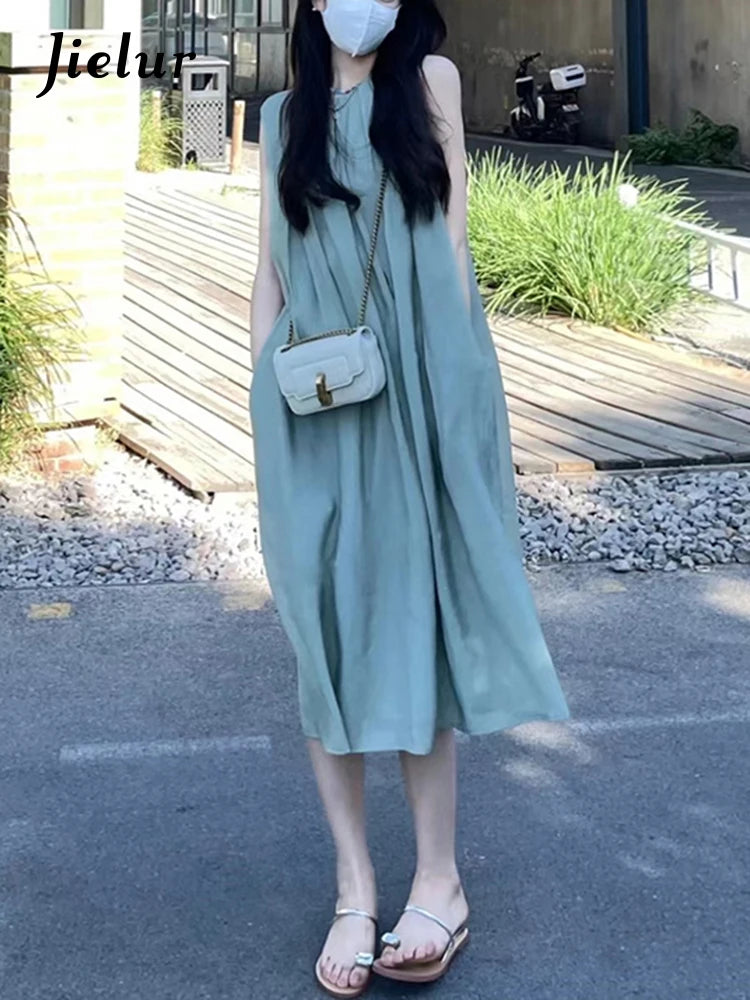 French Style Mint Green Elegant Women Dresses Summer Sleeveless Solid Color O-neck Loose Fashion Streetwear Female Dress