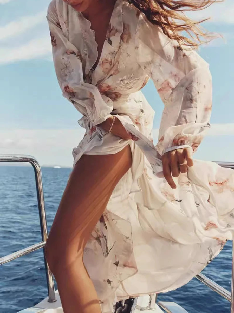 Hit Color Spliced Appliques Loose Dresses For Women V Neck Long Sleeve High Waist Temperament Dress Female Fashion