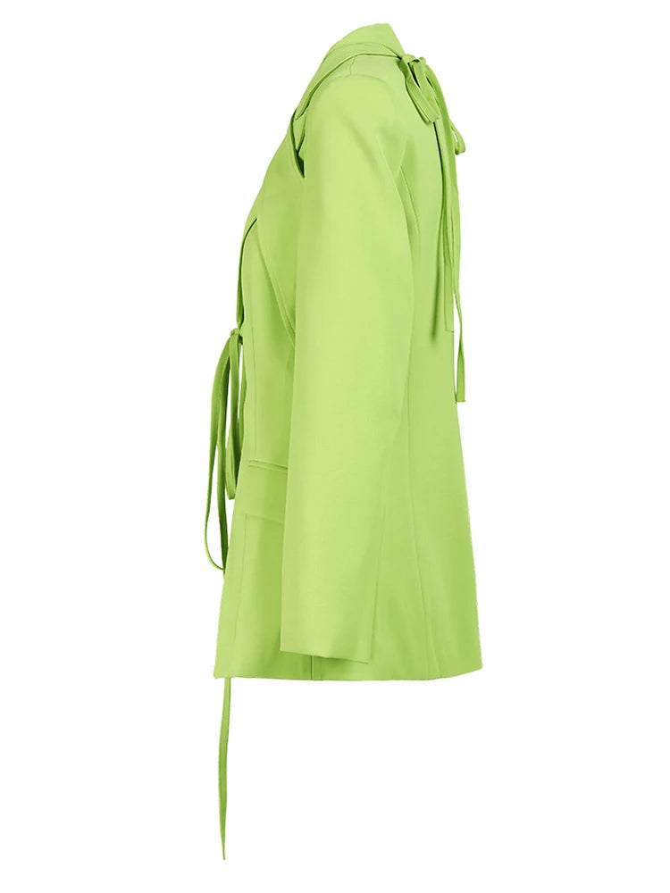 Women Green Irregular Cross Bandage Blazer New Lapel Long Sleeve Loose Fit Jacket Fashion Tide Spring Autumn 2025 CP1984