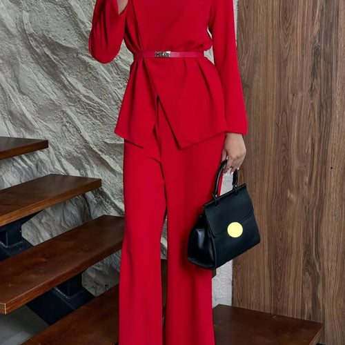 Load image into Gallery viewer, Solid Slim Two Piece Set For Women O Neck Long Sleeve Coat High Waist Chic Pant Elegant Sets Female Fashion Style
