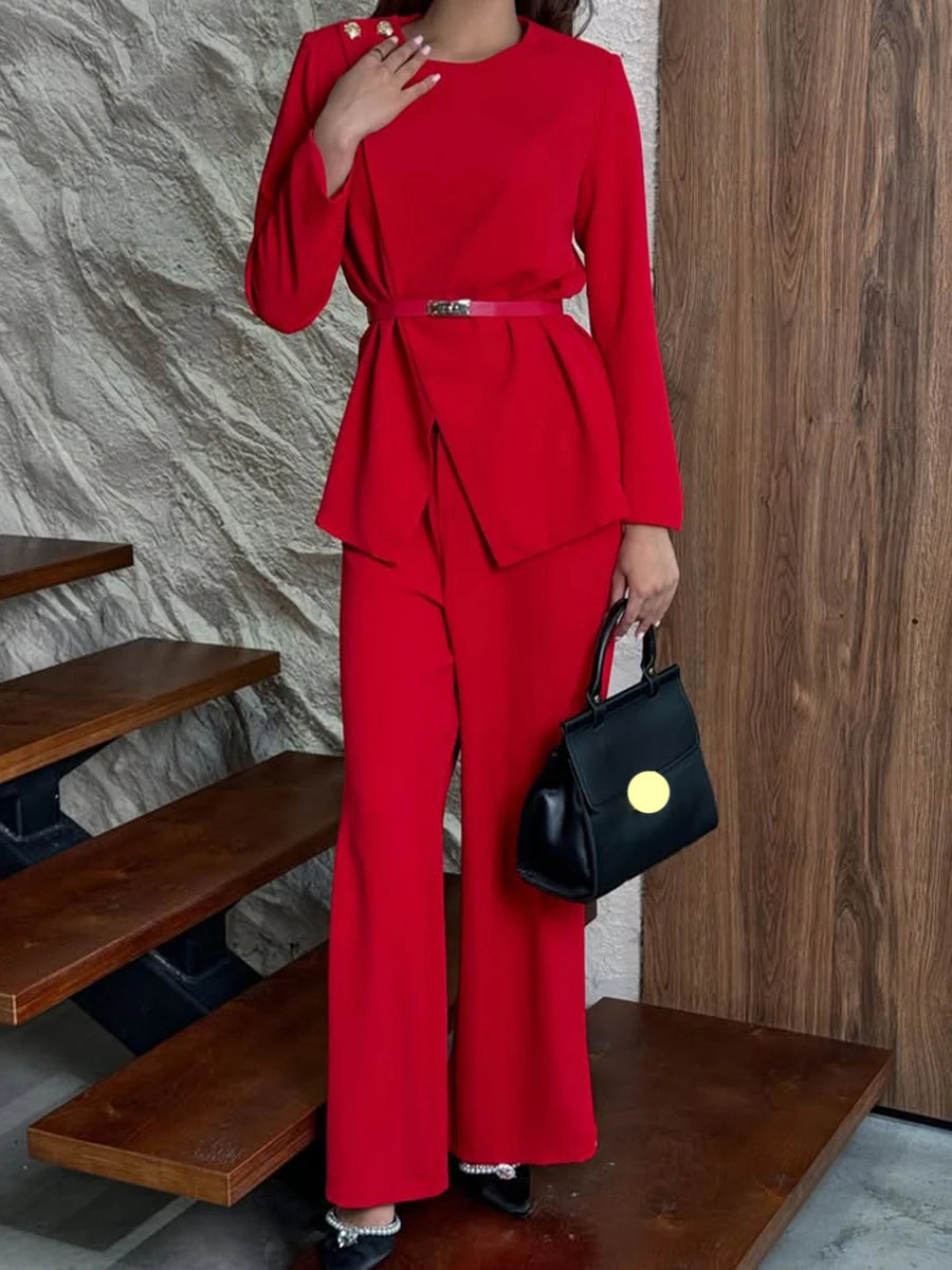 Solid Slim Two Piece Set For Women O Neck Long Sleeve Coat High Waist Chic Pant Elegant Sets Female Fashion Style