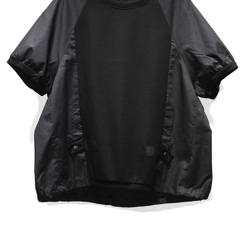 Load image into Gallery viewer, Women Black Spliced Brief Big Size Casual T-shirt New Round Neck Short Sleeve Fashion Tide Spring Summer 2025 1DJ0803
