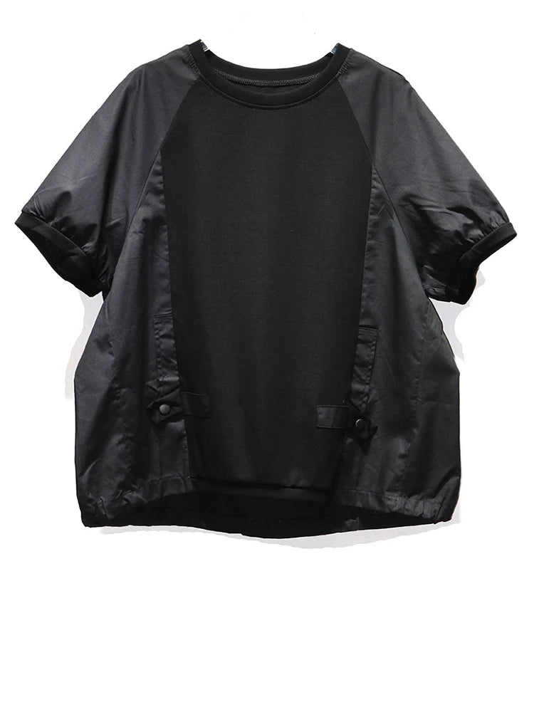 Women Black Spliced Brief Big Size Casual T-shirt New Round Neck Short Sleeve Fashion Tide Spring Summer 2025 1DJ0803