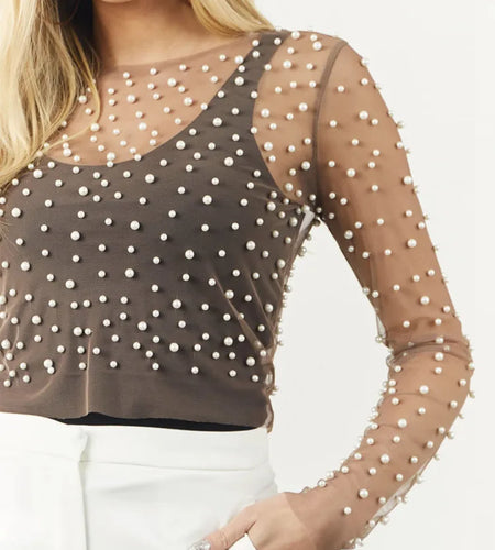 Pearl Mesh See Through T-shirt Women Fashion Long Sleeve Pullover Blouse Ladies Summer U Neck Sexy Tee Shirt Tops