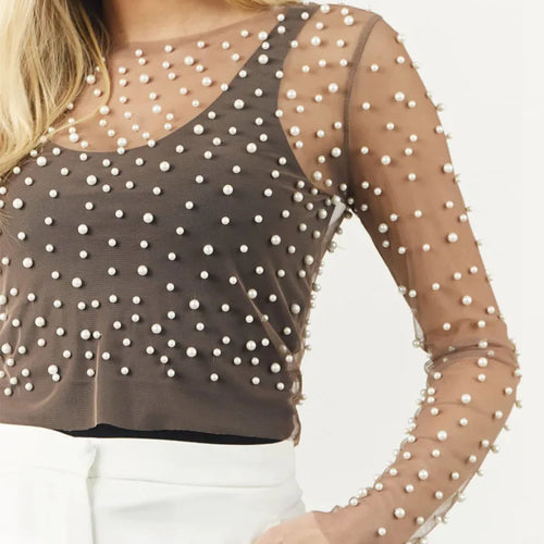Load image into Gallery viewer, Pearl Mesh See Through T-shirt Women Fashion Long Sleeve Pullover Blouse Ladies Summer U Neck Sexy Tee Shirt Tops
