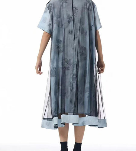 Women Blue Pattern Printed Mesh Big Size Midi Dress New Round Neck Short Sleeve Fashion Tide Spring Summer 2025 1DJ1326