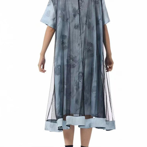 Load image into Gallery viewer, Women Blue Pattern Printed Mesh Big Size Midi Dress New Round Neck Short Sleeve Fashion Tide Spring Summer 2025 1DJ1326
