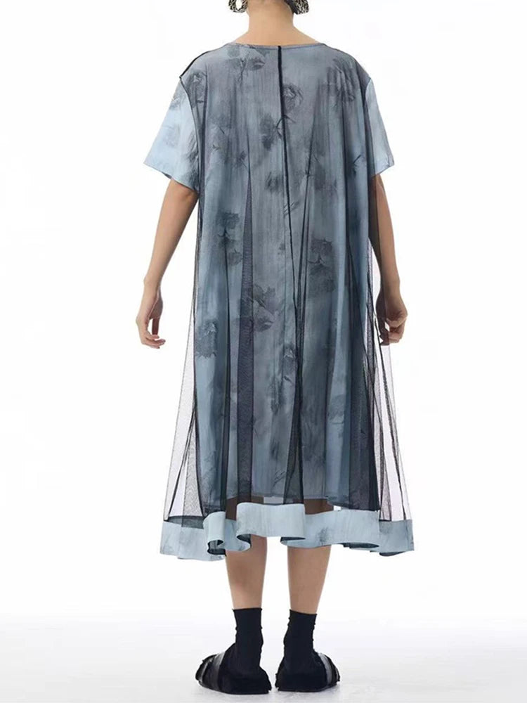 Women Blue Pattern Printed Mesh Big Size Midi Dress New Round Neck Short Sleeve Fashion Tide Spring Summer 2025 1DJ1326