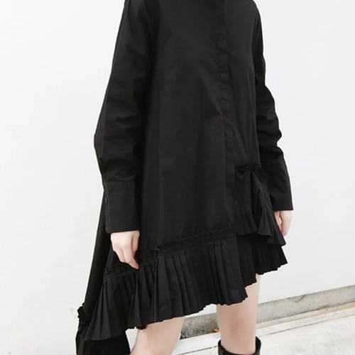 Load image into Gallery viewer, Women Black Pleated Irregular Casual Shirt Dress New Stand Collar Long Sleeve Loose Fit Fashion Spring Autumn 2025 1DF4825
