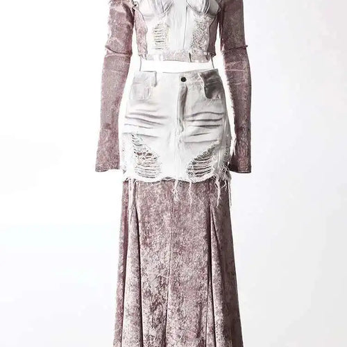 Load image into Gallery viewer, Velvet Denim T-shirt Half-body Skirt Two Pieces Suit New Slash Neck Long Sleeve Women Fashion Spring Autumn 2025 7AB6039
