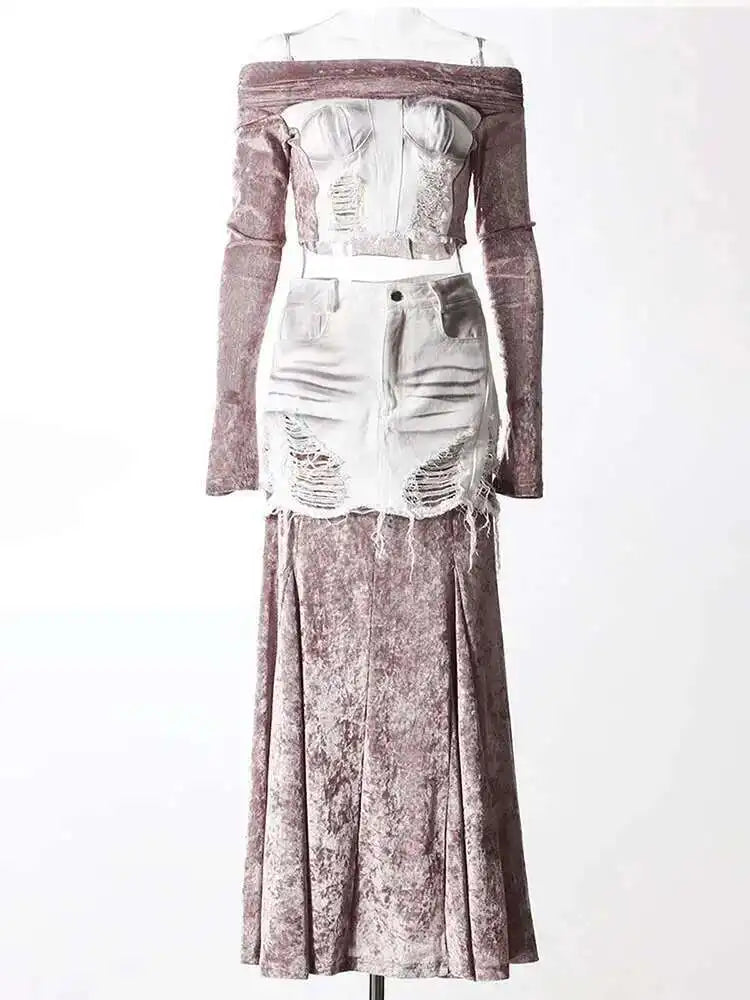 Velvet Denim T-shirt Half-body Skirt Two Pieces Suit New Slash Neck Long Sleeve Women Fashion Spring Autumn 2025 7AB6039