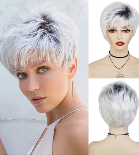Synthetic Hair Silver White Wigs for Women Black Root Short Haircuts Natural Wigs Pixie Cut Old Lady Wig Granny Grey Blanche Wig