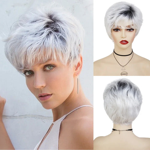 Load image into Gallery viewer, Synthetic Hair Silver White Wigs for Women Black Root Short Haircuts Natural Wigs Pixie Cut Old Lady Wig Granny Grey Blanche Wig
