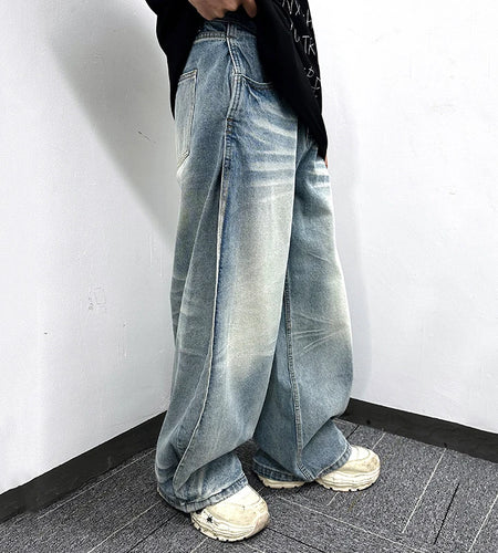 Men's Jeans Summer New American Style High Street Curved Knife Pleated Design Loose Denim Pants Male Trousers 9W1744
