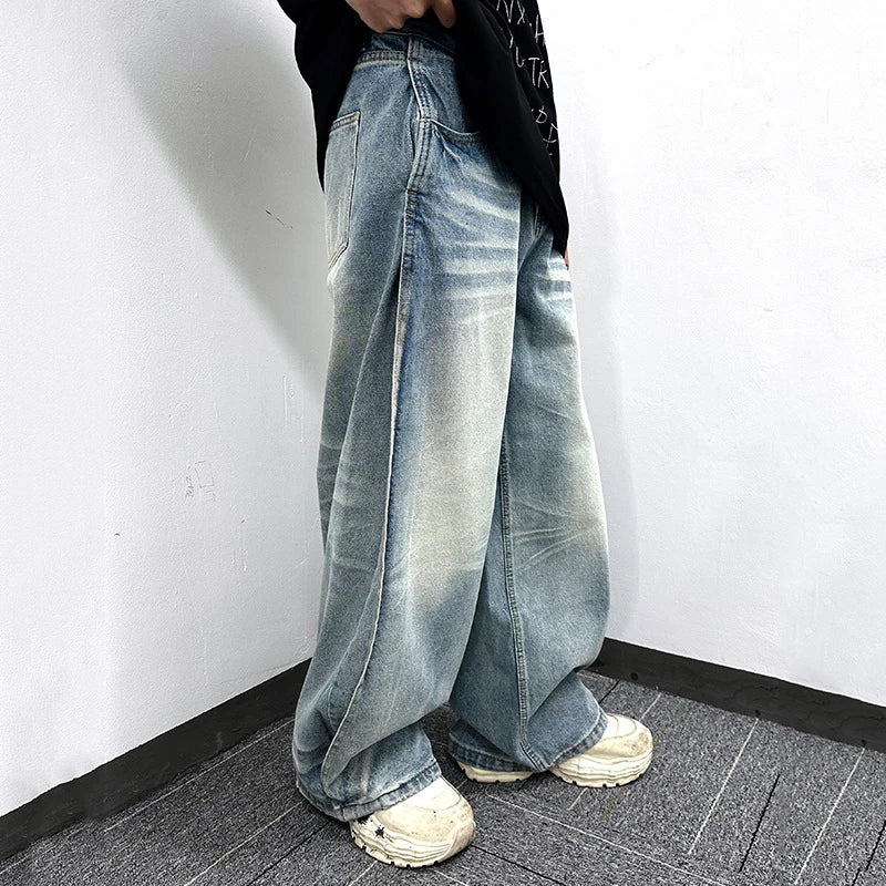 Men's Jeans Summer New American Style High Street Curved Knife Pleated Design Loose Denim Pants Male Trousers 9W1744