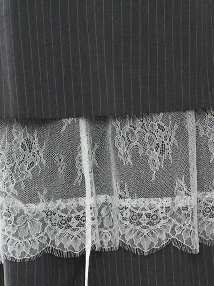 High Waist Gray Lace Striped Long Wide Leg Elegant Pants New Trousers Women Fashion Tide Spring Autumn 2025 1DH7476