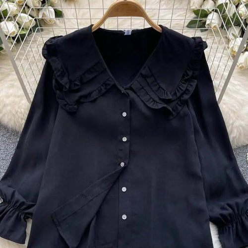Load image into Gallery viewer, Autumn 2024 Vintage Women Sweet Solid Ruffles Shirts Fashion Ladies Long Sleeves Blouses Chic Single Breasted Tops Clothes Chic
