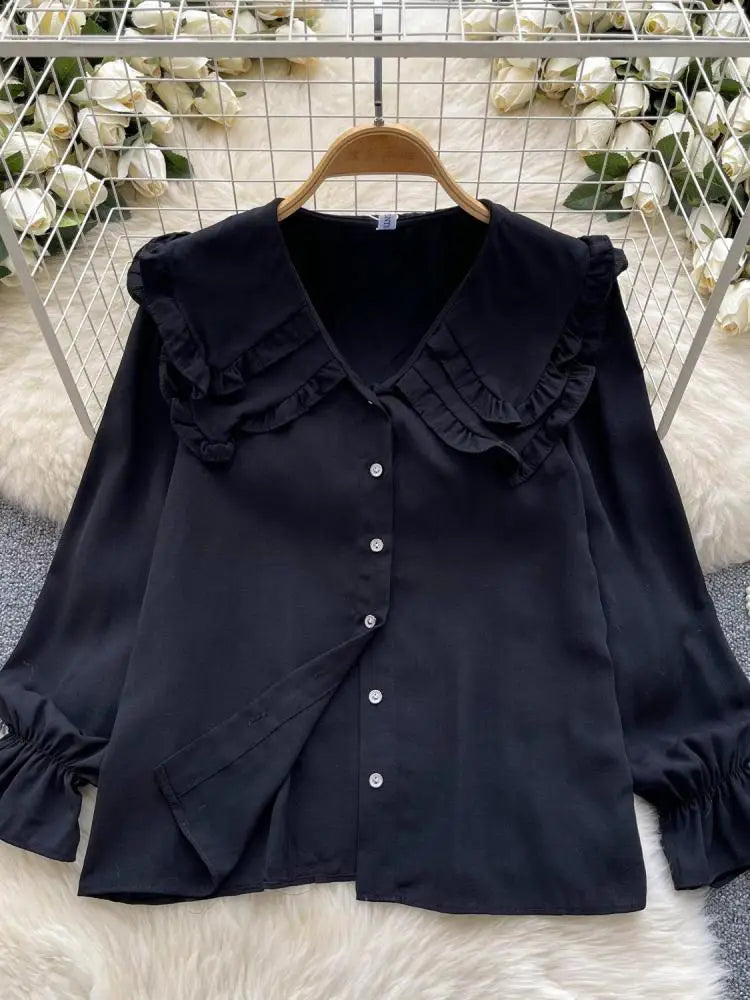 Autumn 2024 Vintage Women Sweet Solid Ruffles Shirts Fashion Ladies Long Sleeves Blouses Chic Single Breasted Tops Clothes Chic