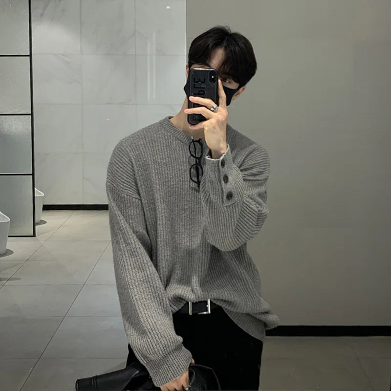 Round Neck Solid Color Men's Sweater Button Cuffs Korean Style Pullover Winter 2024 Fashionable Men's Clothing 9C8793