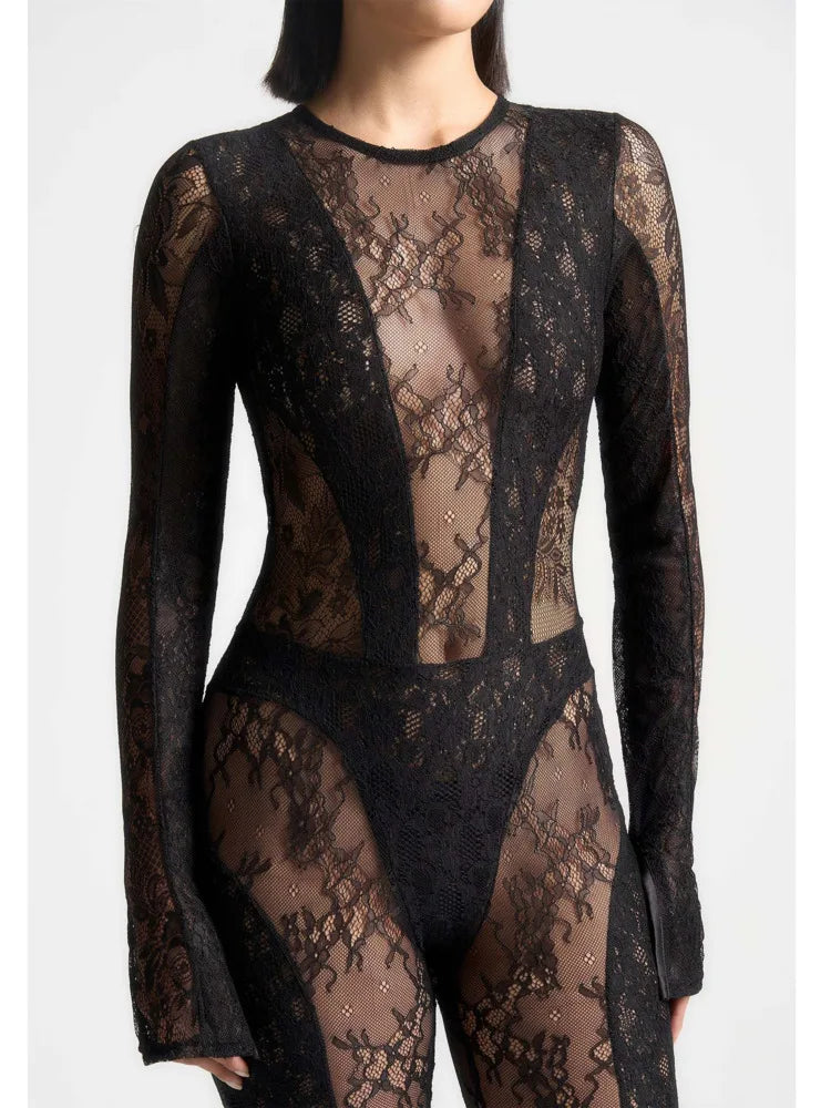 Sexy Lace Patchwork Long Sleeved See Through Women Jumpsuit Tight Backless Autumn Winter New 2024 Female Party Clothing