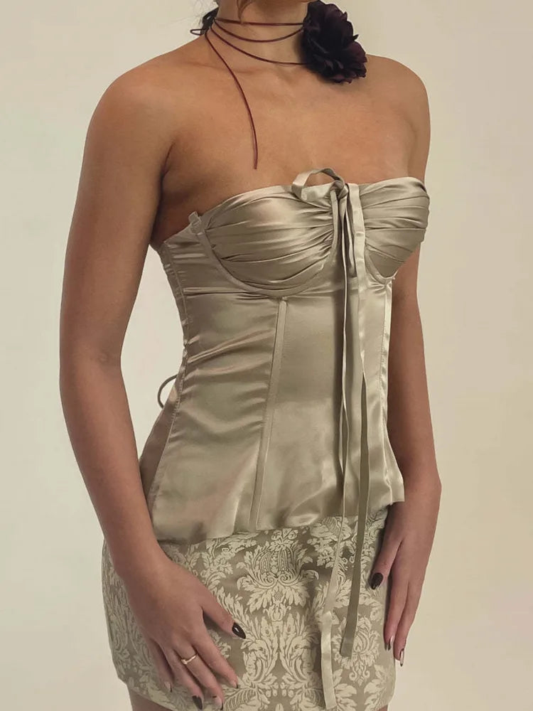 Sexy Strapless Hanging Collar Satin Tight Tie Women Top Vest Elegant Backless Slim Female Vest Spring/summer New 2025