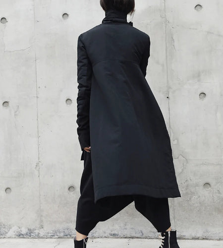 Woman Irregular Long Type Cotton-padded Clothes Loose Coat New Fashion Winter Stand Collar Solid Black Jacket 2025  YA771