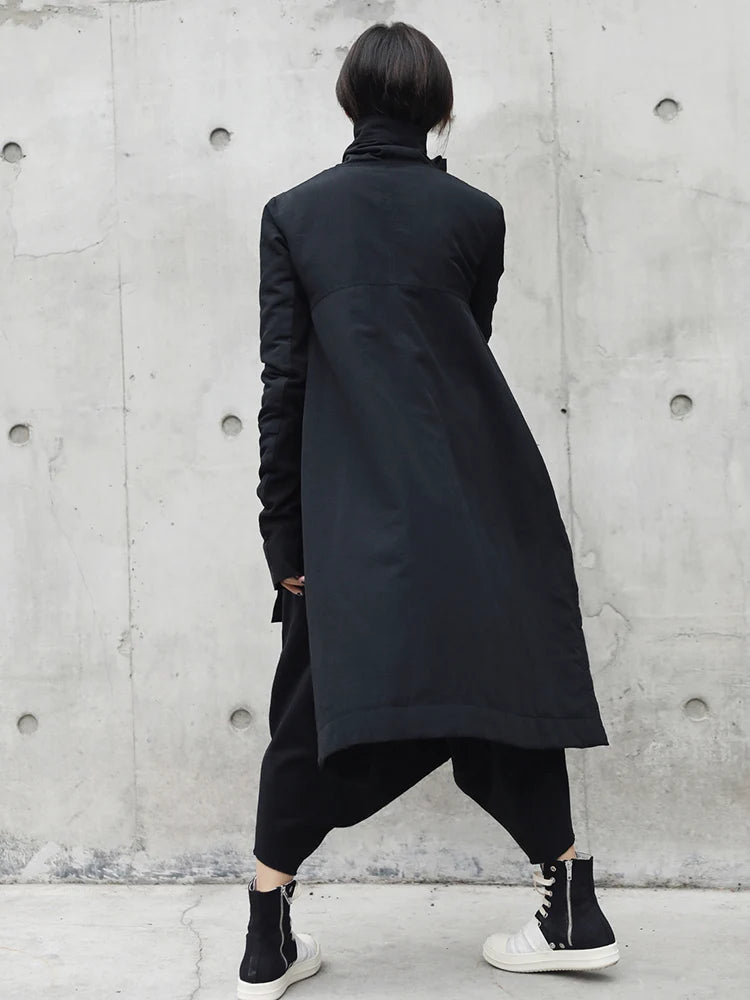 Woman Irregular Long Type Cotton-padded Clothes Loose Coat New Fashion Winter Stand Collar Solid Black Jacket 2025  YA771