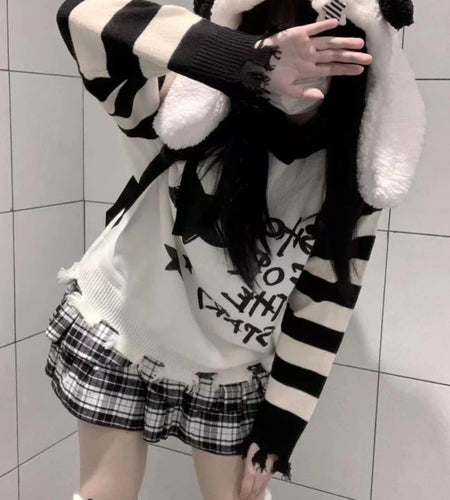 Y2k Aesthetic Star Letter Print Women Sweaters Striped Harajuku Loose Ripped Grunge Sueter Mujer Goth All Match Casual Pullover