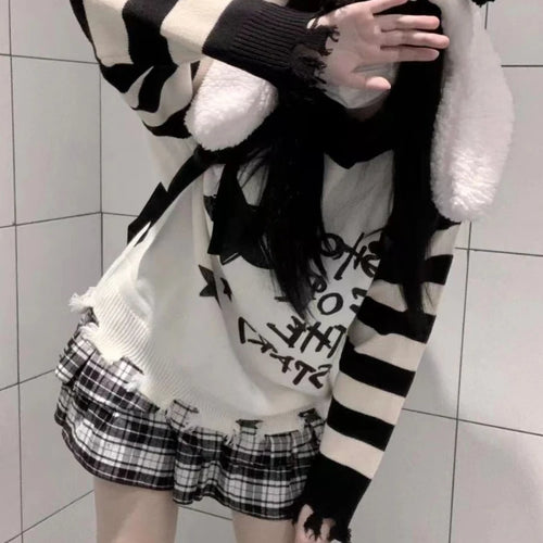 Load image into Gallery viewer, Y2k Aesthetic Star Letter Print Women Sweaters Striped Harajuku Loose Ripped Grunge Sueter Mujer Goth All Match Casual Pullover

