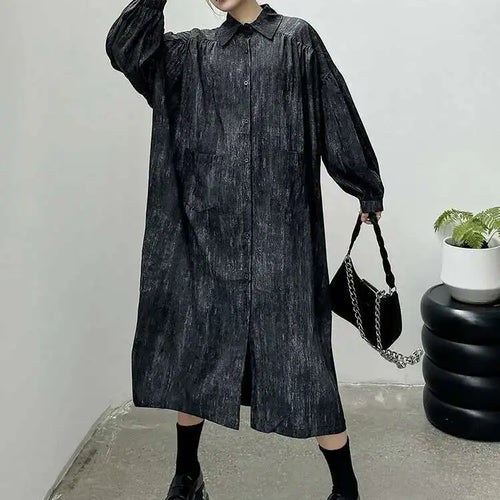 Load image into Gallery viewer, Women Black Tie Dye Pleated Big Size Midi Shirt Dress New Lapel  Long Sleeve Fashion Tide Spring Autumn 2025 1DH6918
