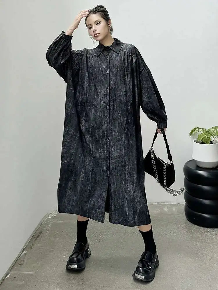 Women Black Tie Dye Pleated Big Size Midi Shirt Dress New Lapel  Long Sleeve Fashion Tide Spring Autumn 2025 1DH6918