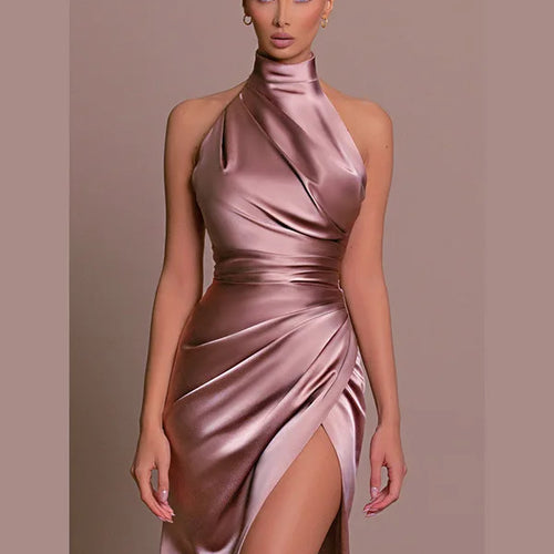 Load image into Gallery viewer, Satin Hanging Collar Sleeveless Split Slim Fit Dress Women Slim 2024 Summer New Long Dress Elegant Party Evening Dress
