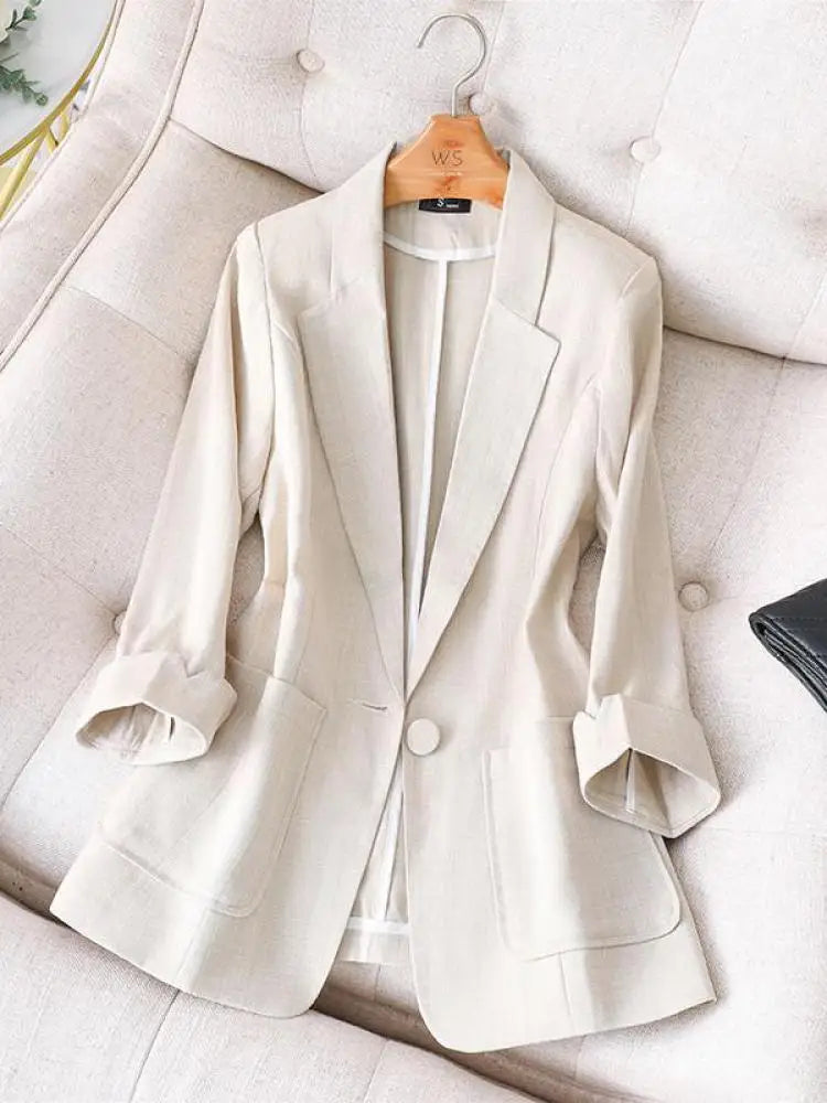 Black White Blazer Tops For Women Chic Elegant Ladies Green Seven-point Sleeve Jacket Spring Summer New 2024 Suit  Fashion Trend