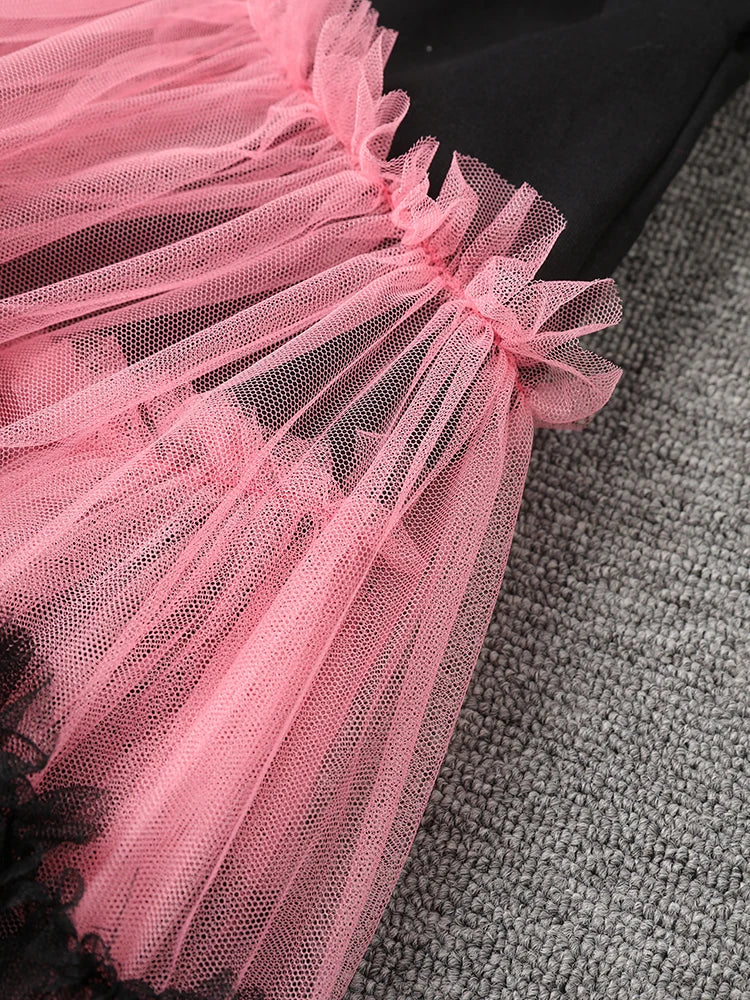 Women Balck Mesh Ruffles Irregular Big Size Mini Dress New Round Neck Long Sleeve Fashion Tide Spring Autumn 2025 CPG3045